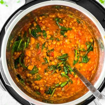 Overhead view of lentil soup in instant pot