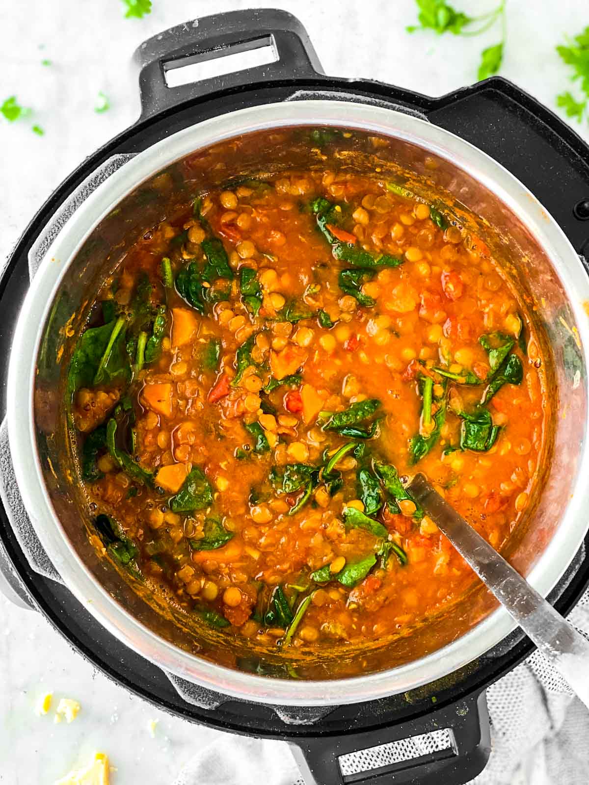 Overhead view of lentil soup in instant pot