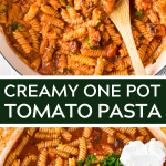 photo collage of one pot creamy tomato pasta with text overlay in the middle