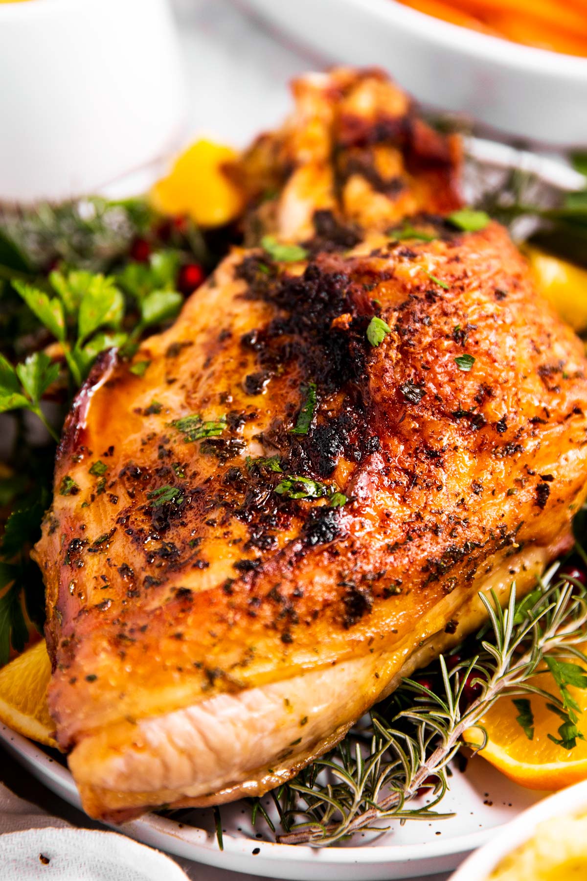 frontal view of air fryer turkey breast on garnished plate