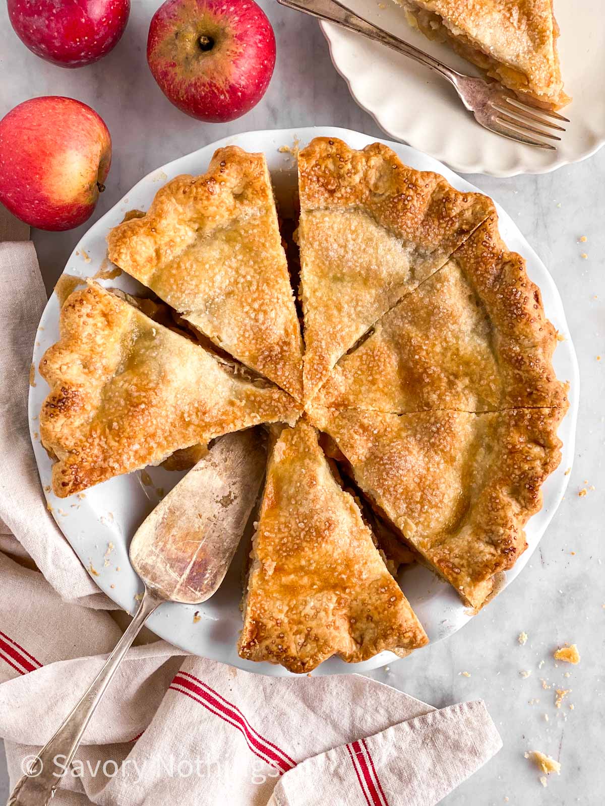 overhead view of sliced apple pie