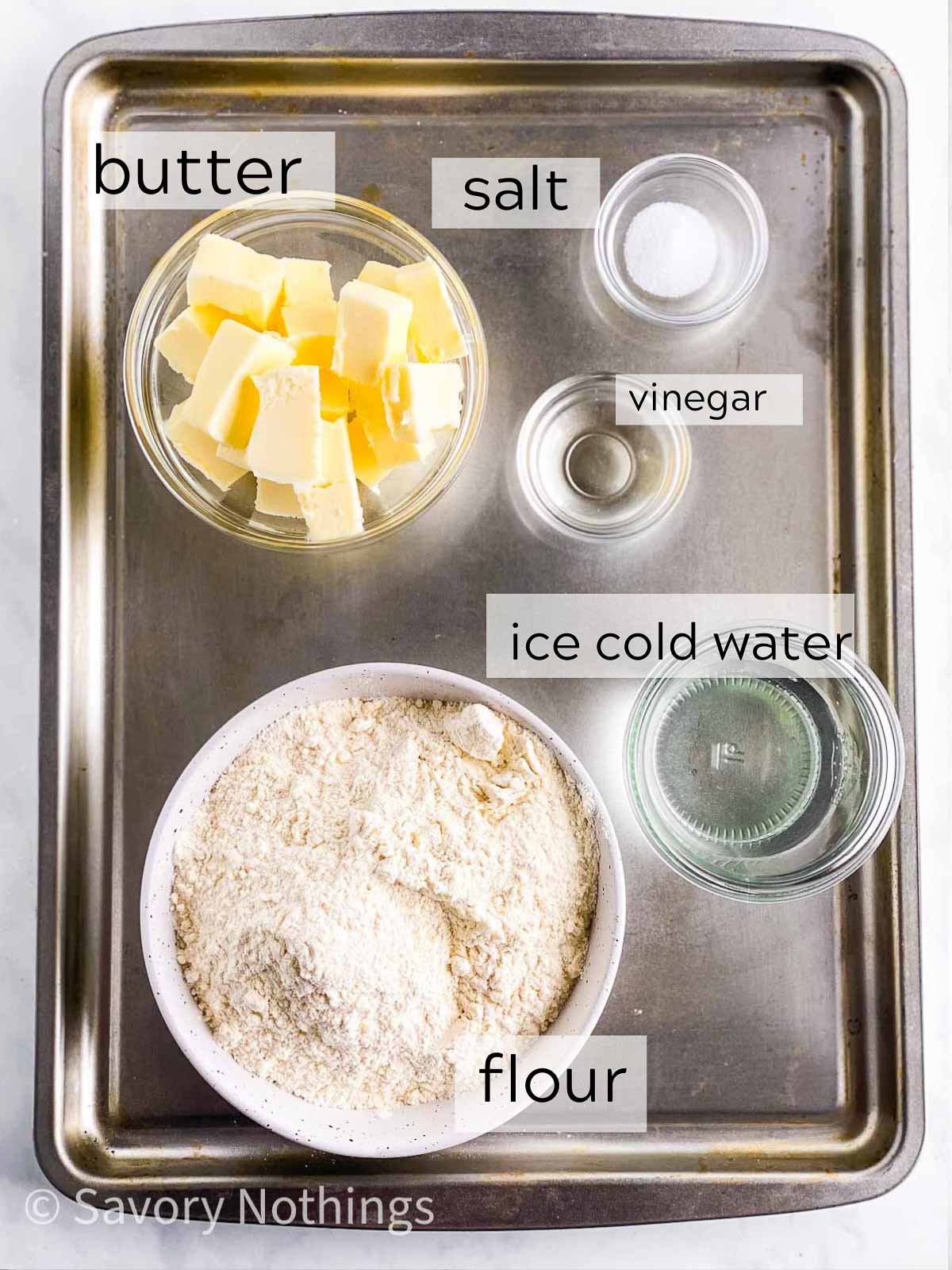 ingredients for pie crust with text labels