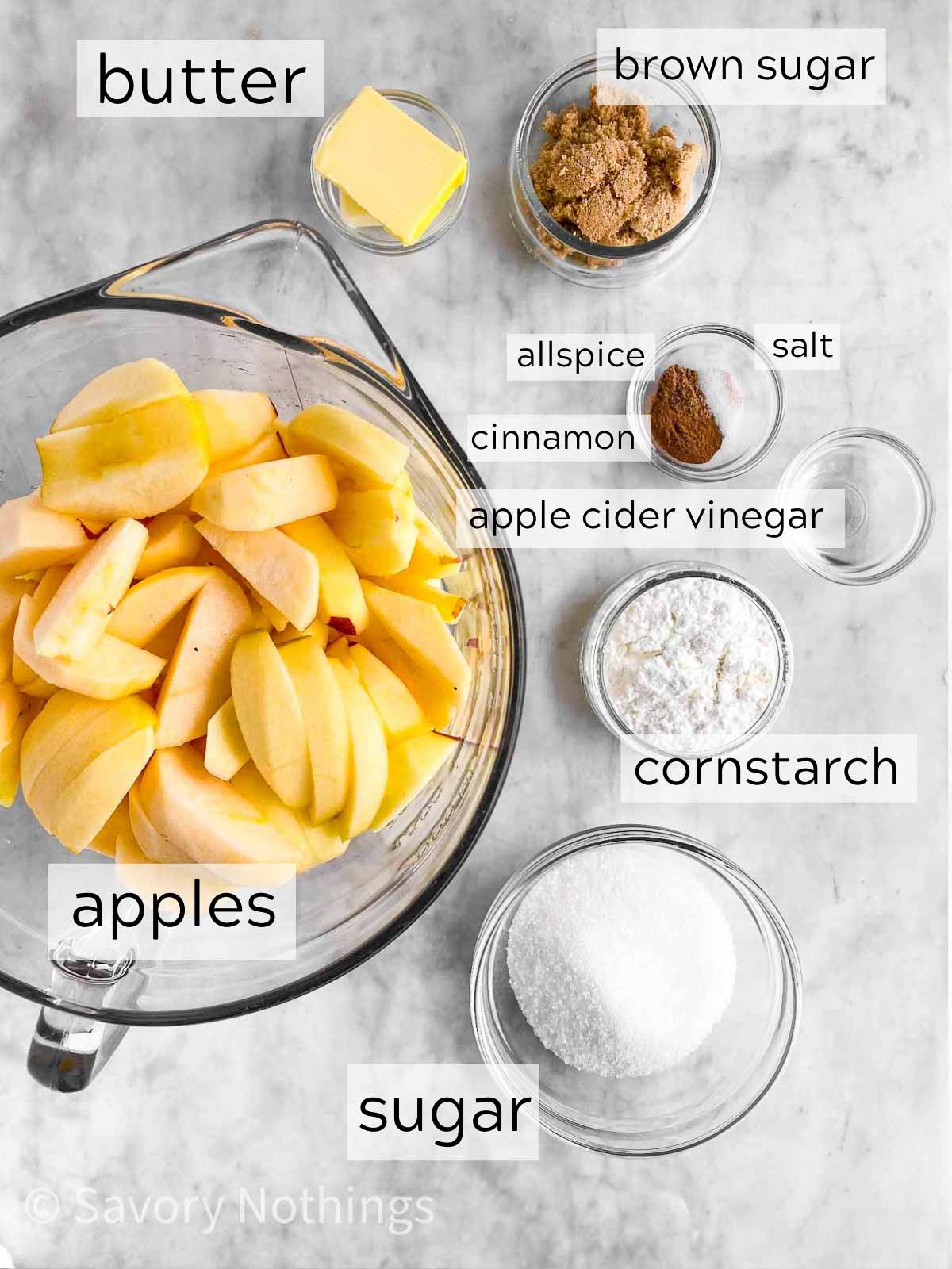 ingredients for apple pie filling with text labels