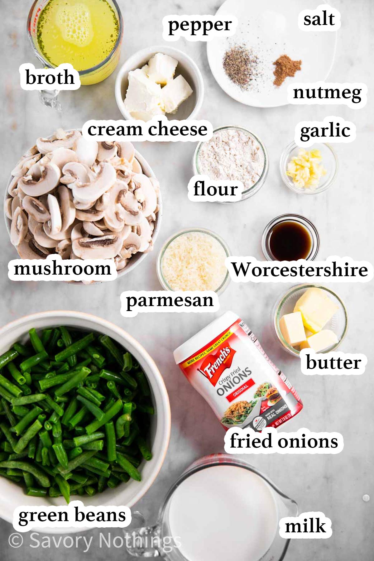 ingredients for green bean casserole with text labels