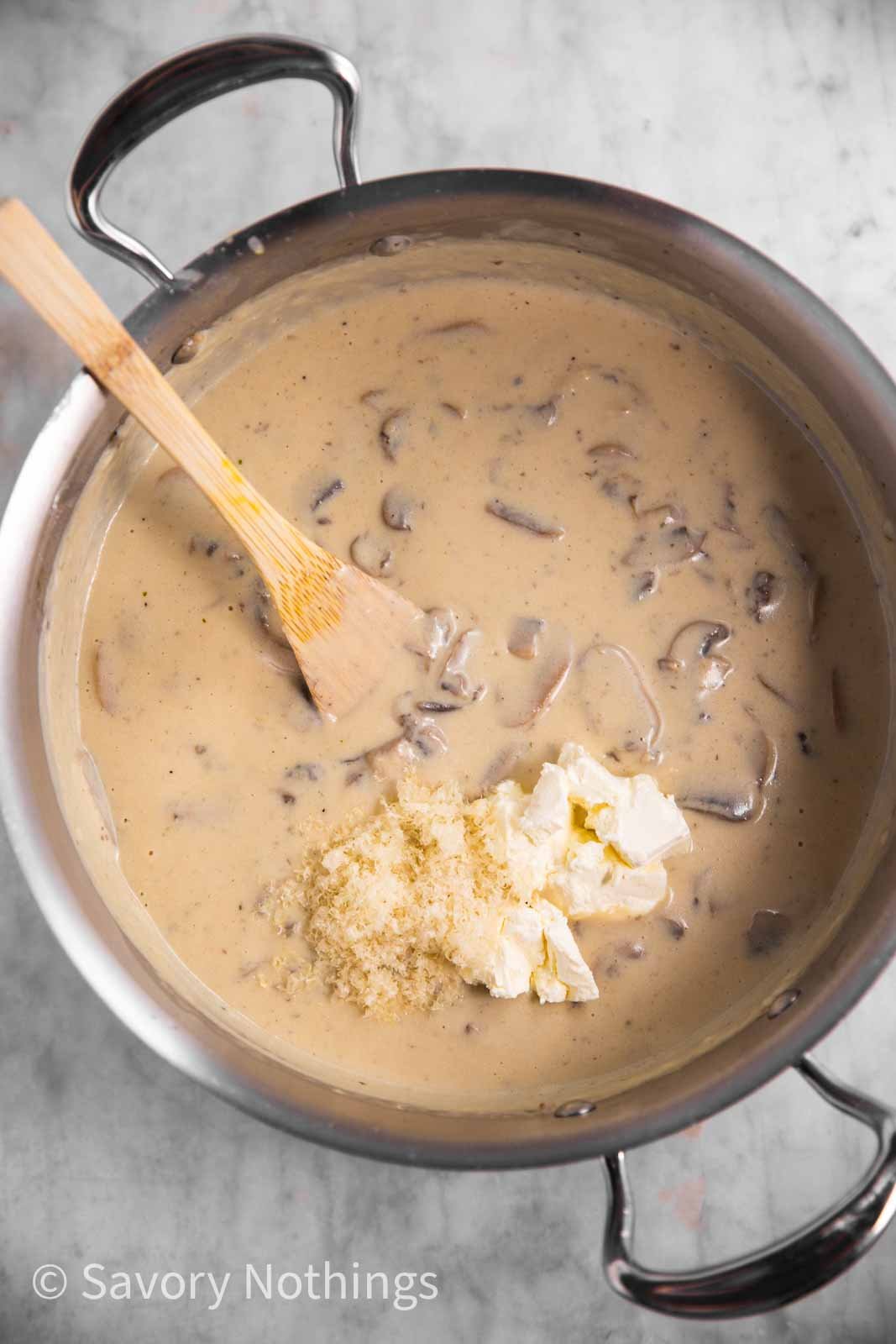 creamy gravy with cheese in skillet