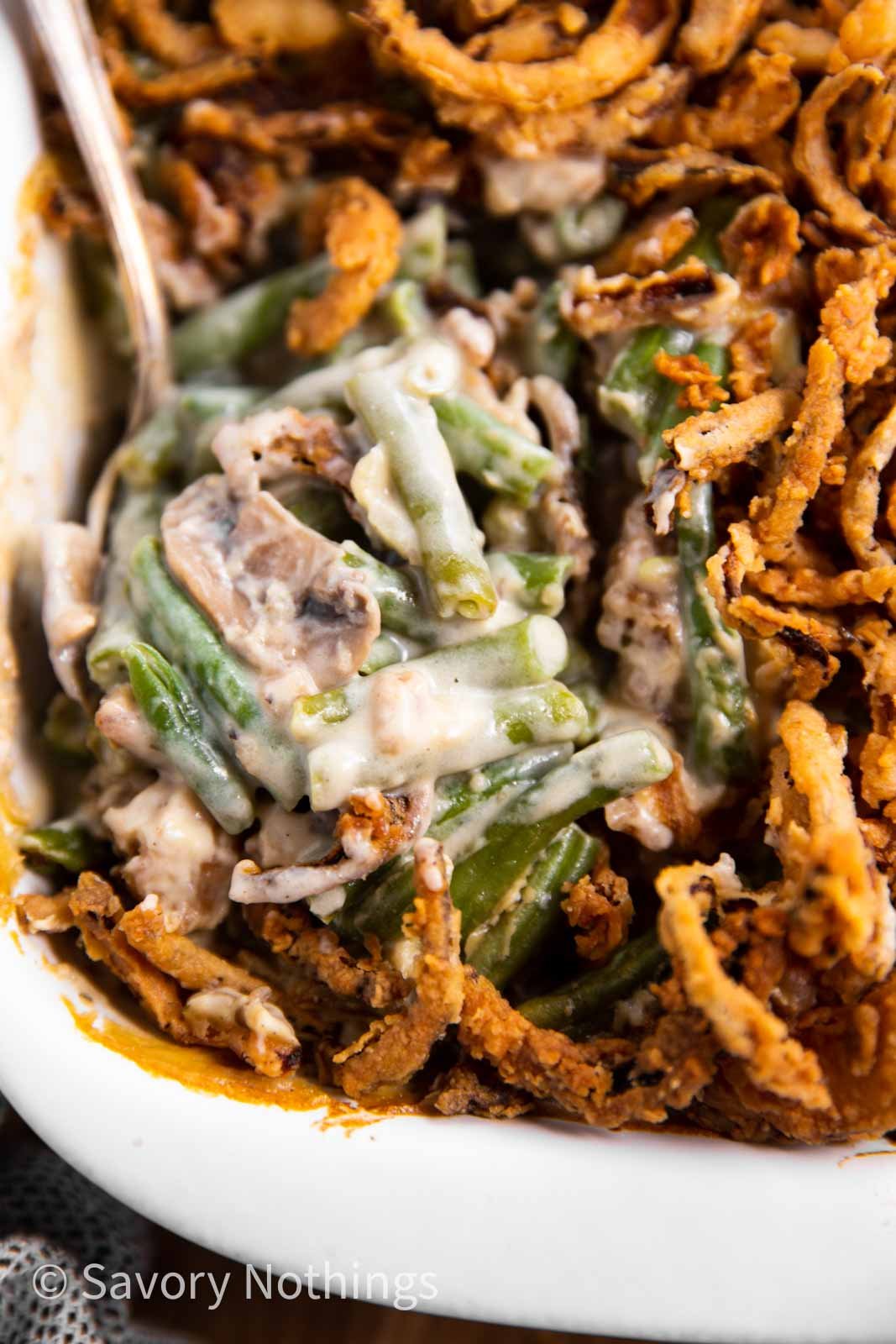 close up photo of green bean casserole