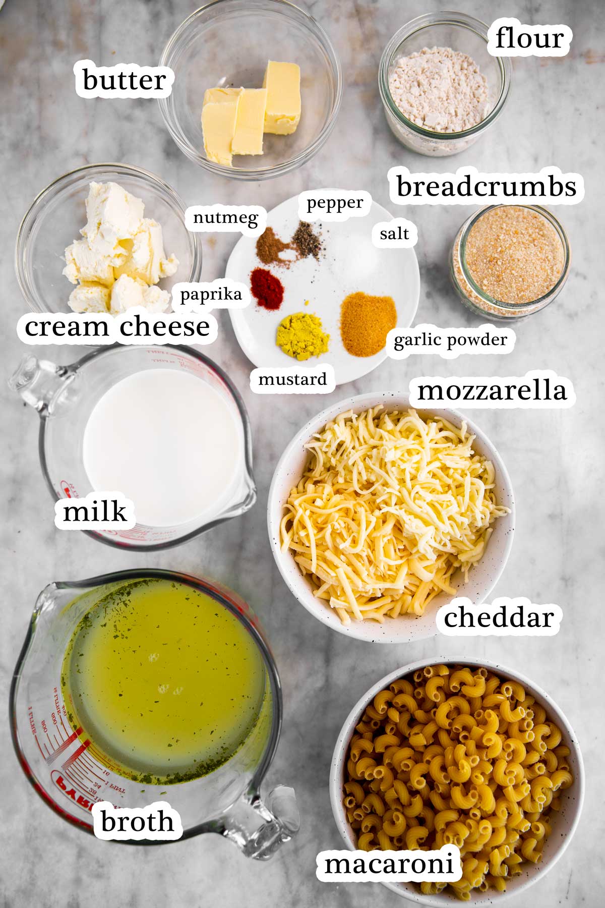 ingredients for homemade mac and cheese with text labels