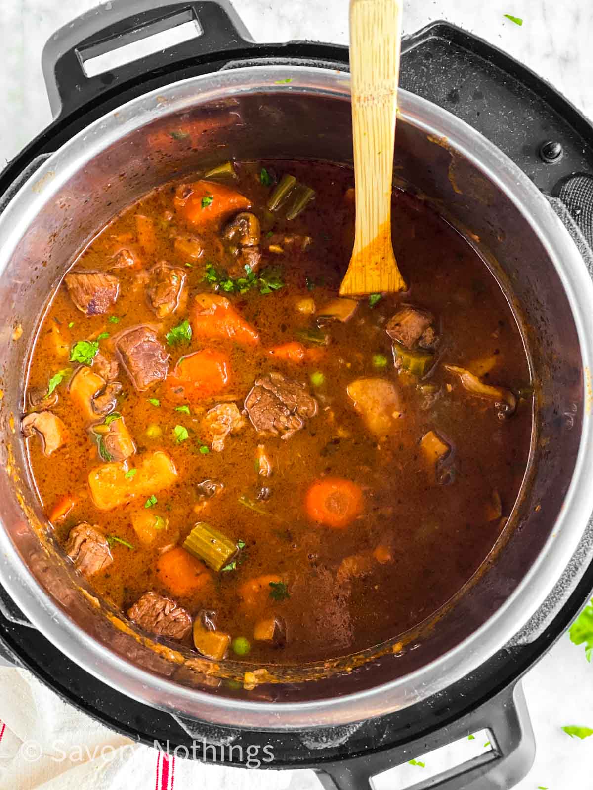 overhead view of instant pot filled with beef stew