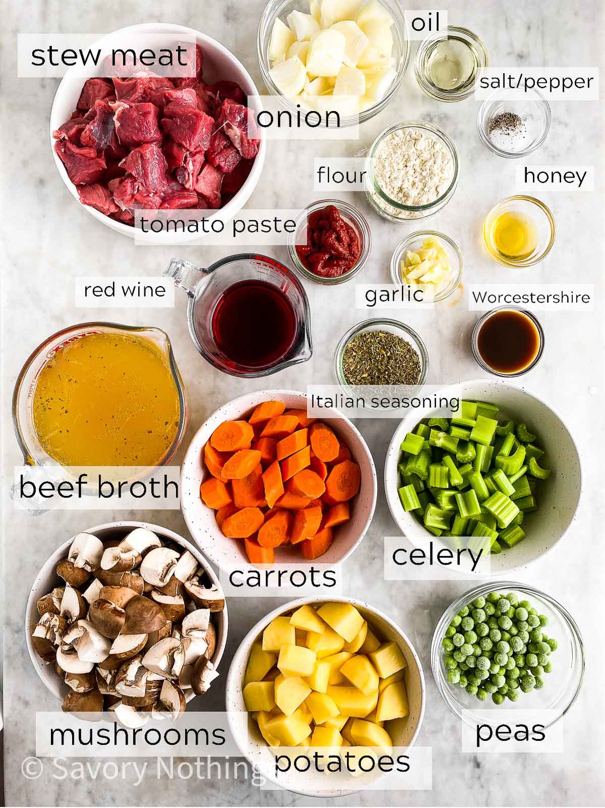 ingredients for instant pot beef stew with text labels