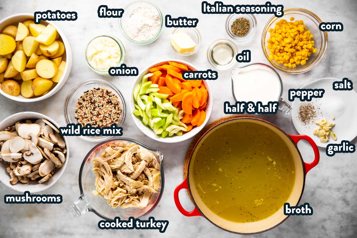 ingredients for leftover turkey soup with text labels