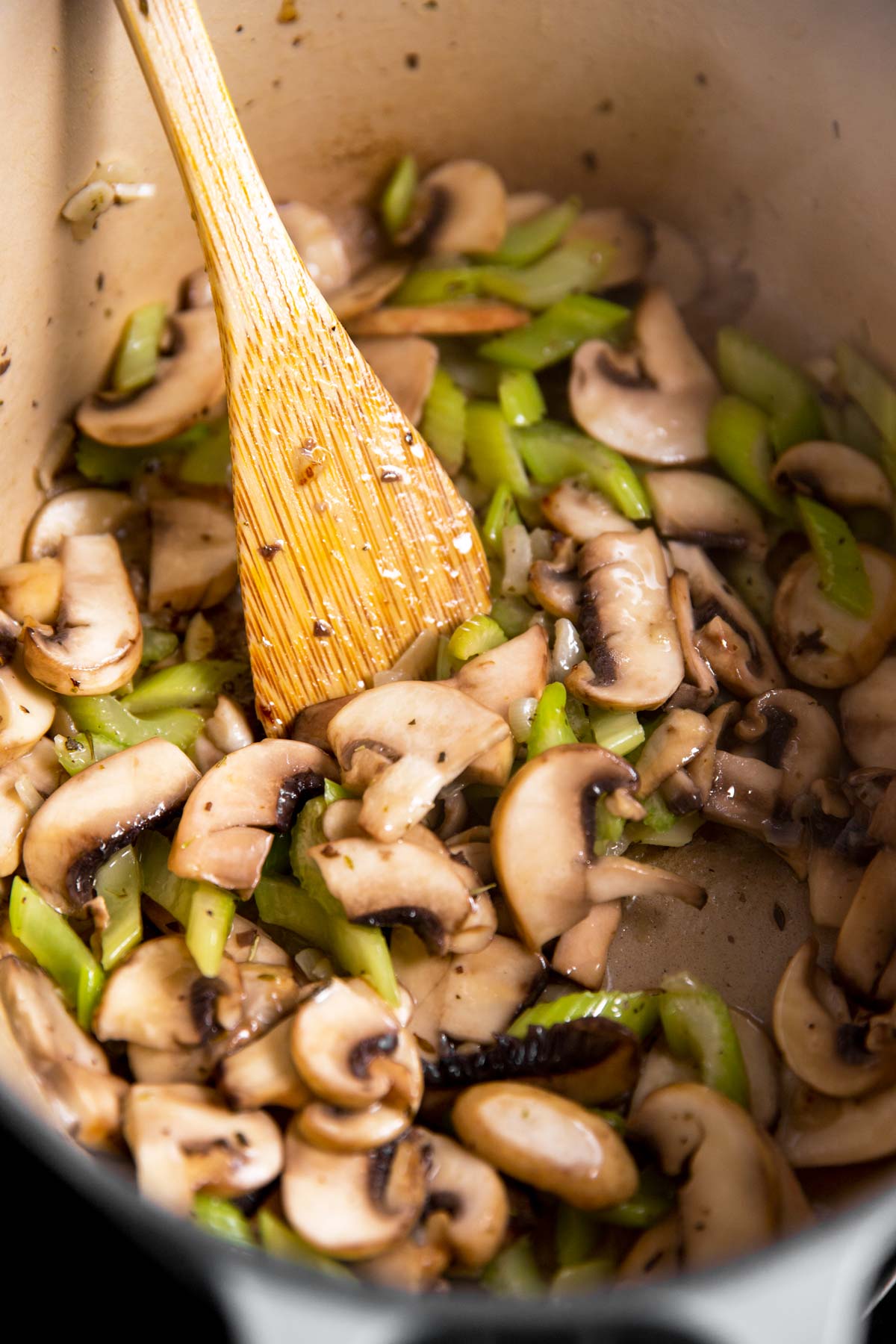 sautéed celery and onion with sautéed mushrooms  in Dutch oven