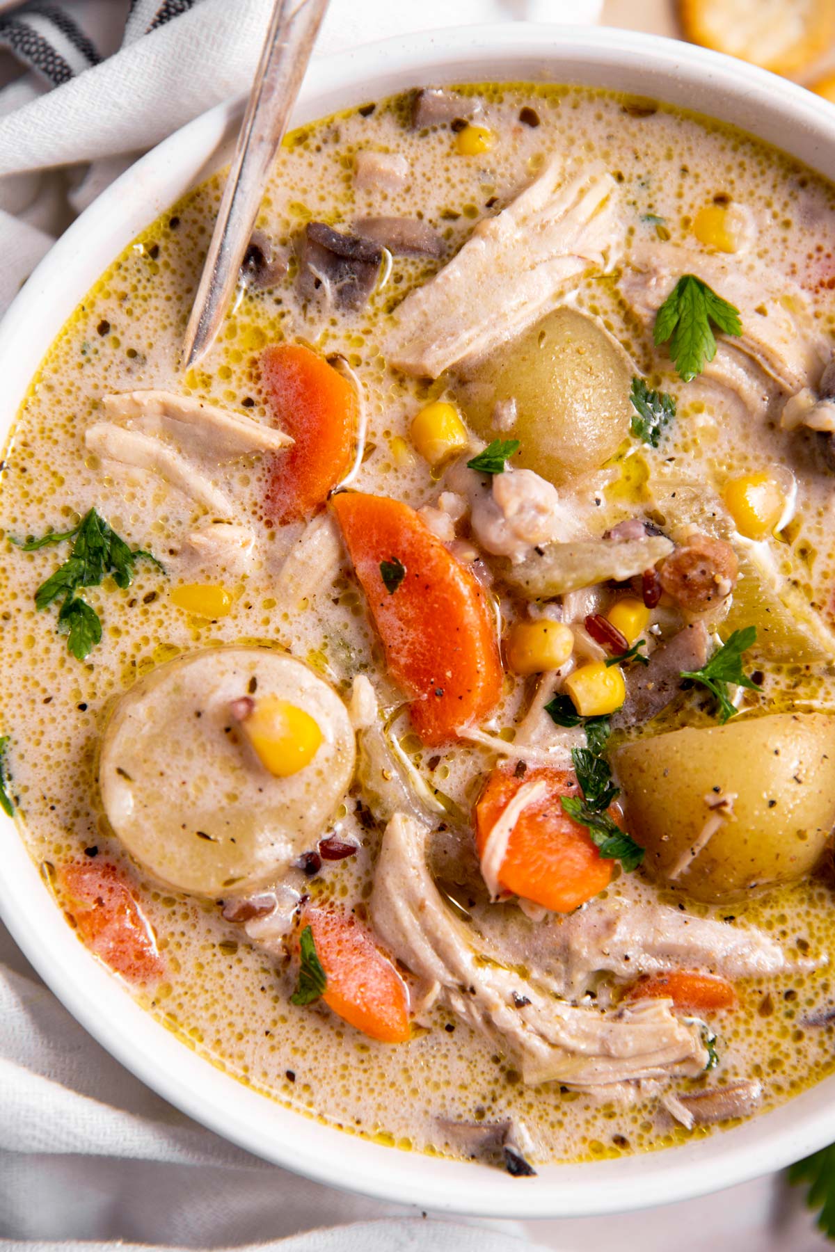 overhead close up view oh white bowl filled with leftover turkey soup