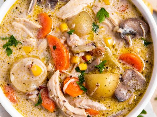 overhead view oh white bowl filled with leftover turkey soup