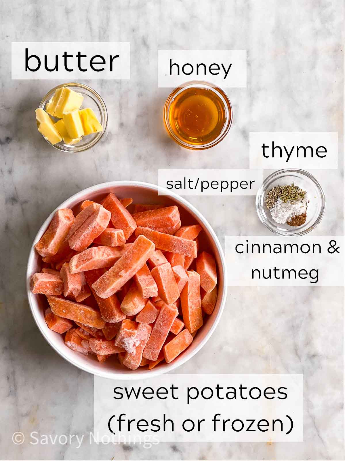 ingredients for mashed sweet potatoes with text labels