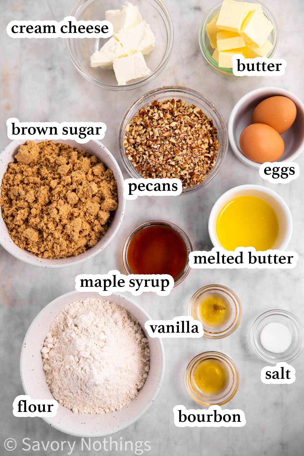 ingredients for pecan tassies with text labels