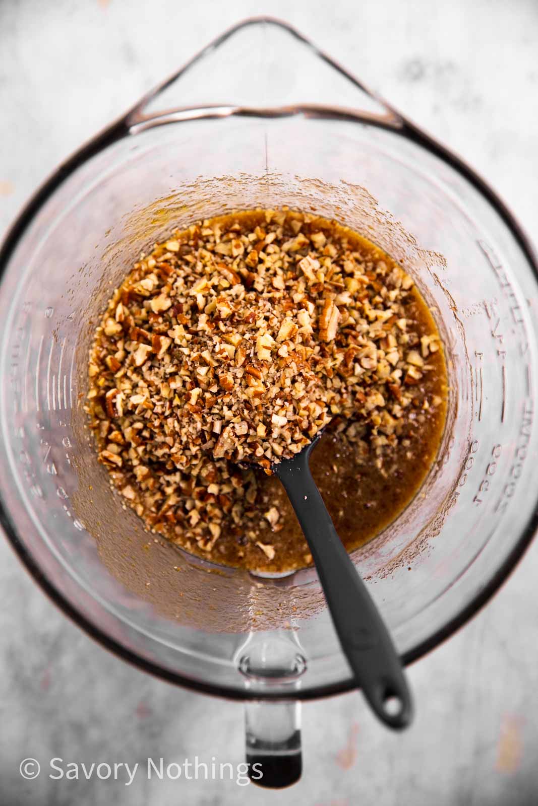 pecan pie filling in glass bowl