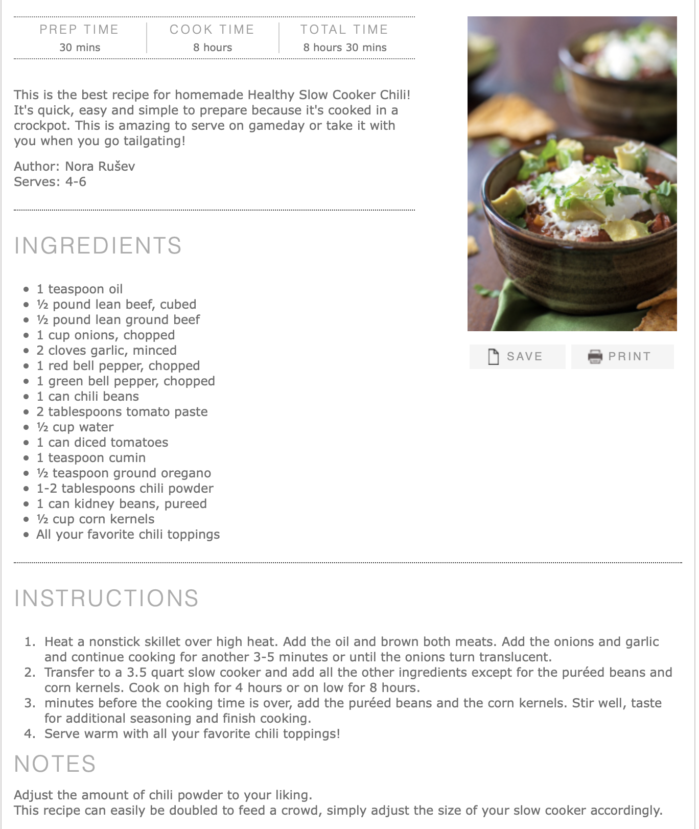 slow cooker chili recipe card