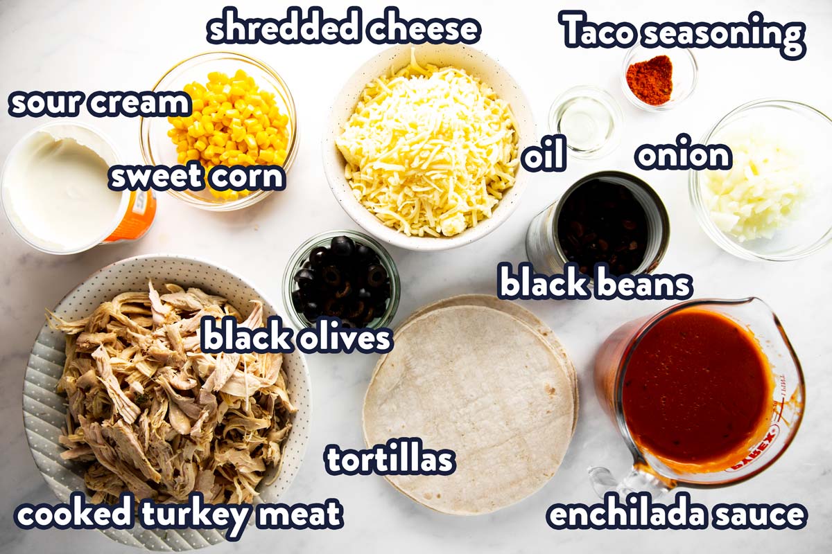 ingredients for leftover turkey enchiladas with text labels