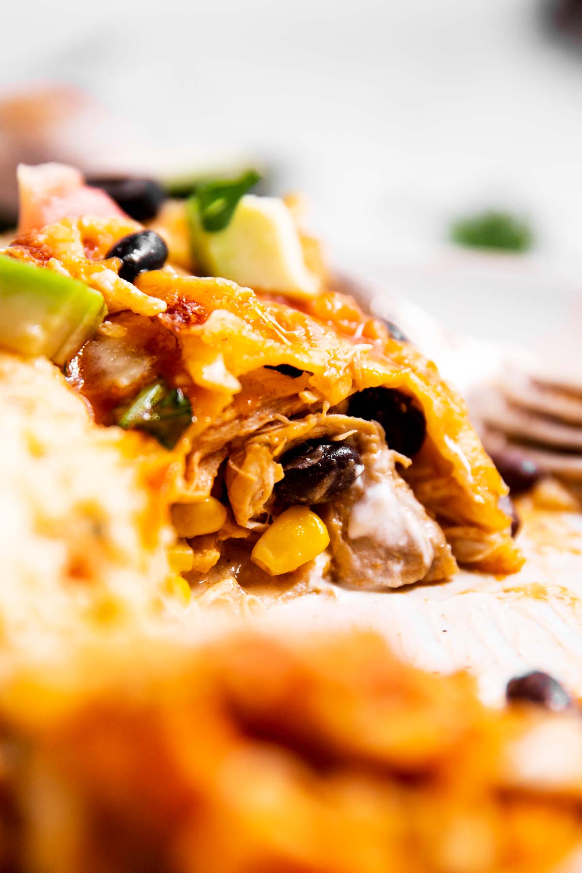 frontal view of sliced open turkey enchilada on white plate