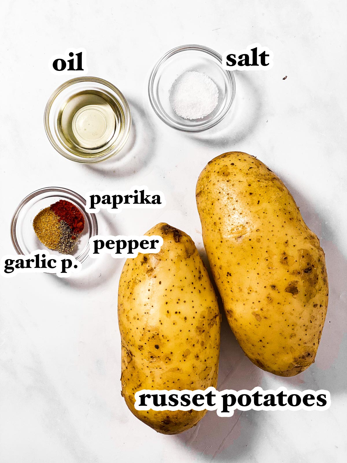 ingredients for air fryer french fries with text labels