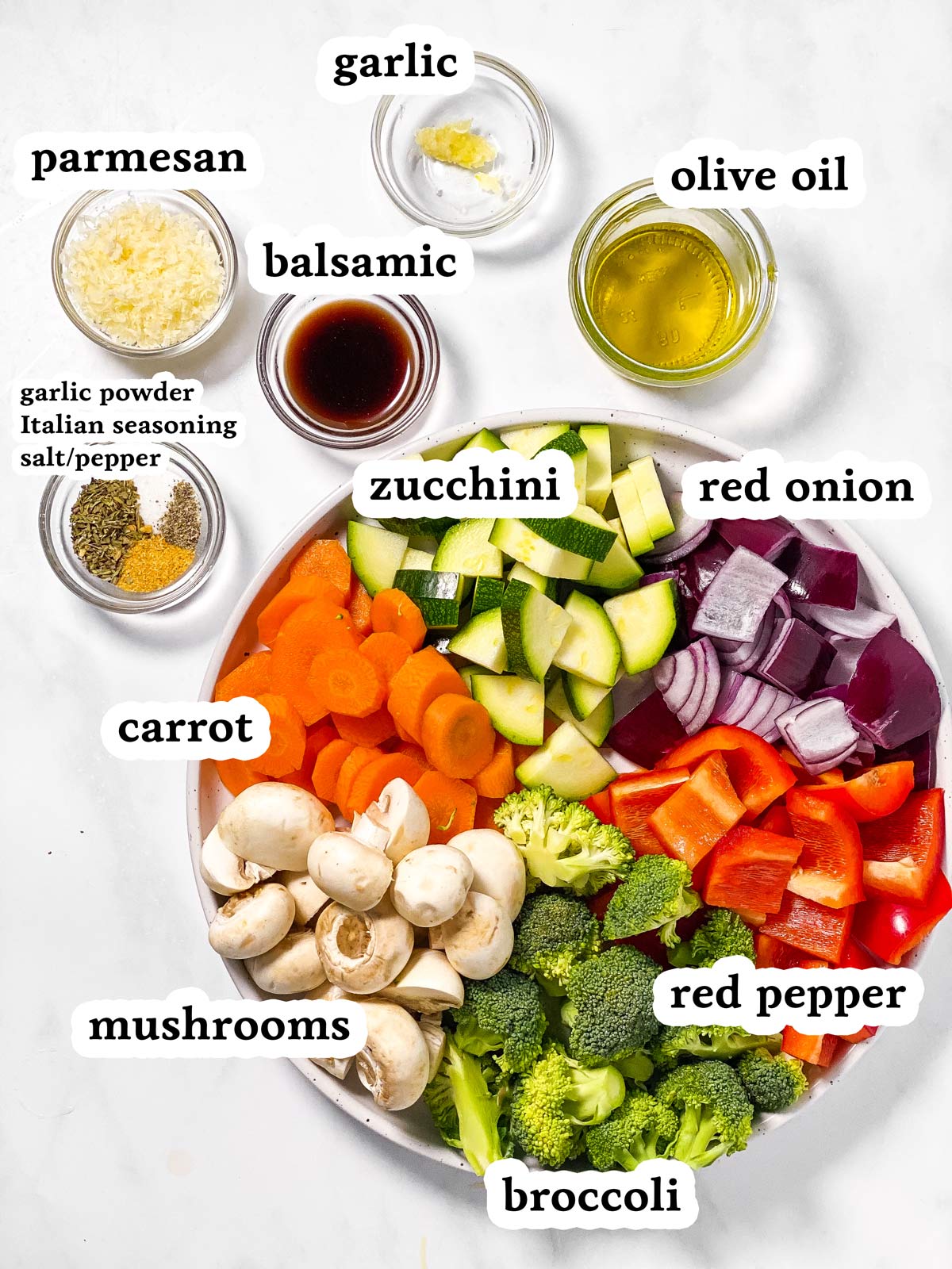ingredients for air fryer vegetables with text labels