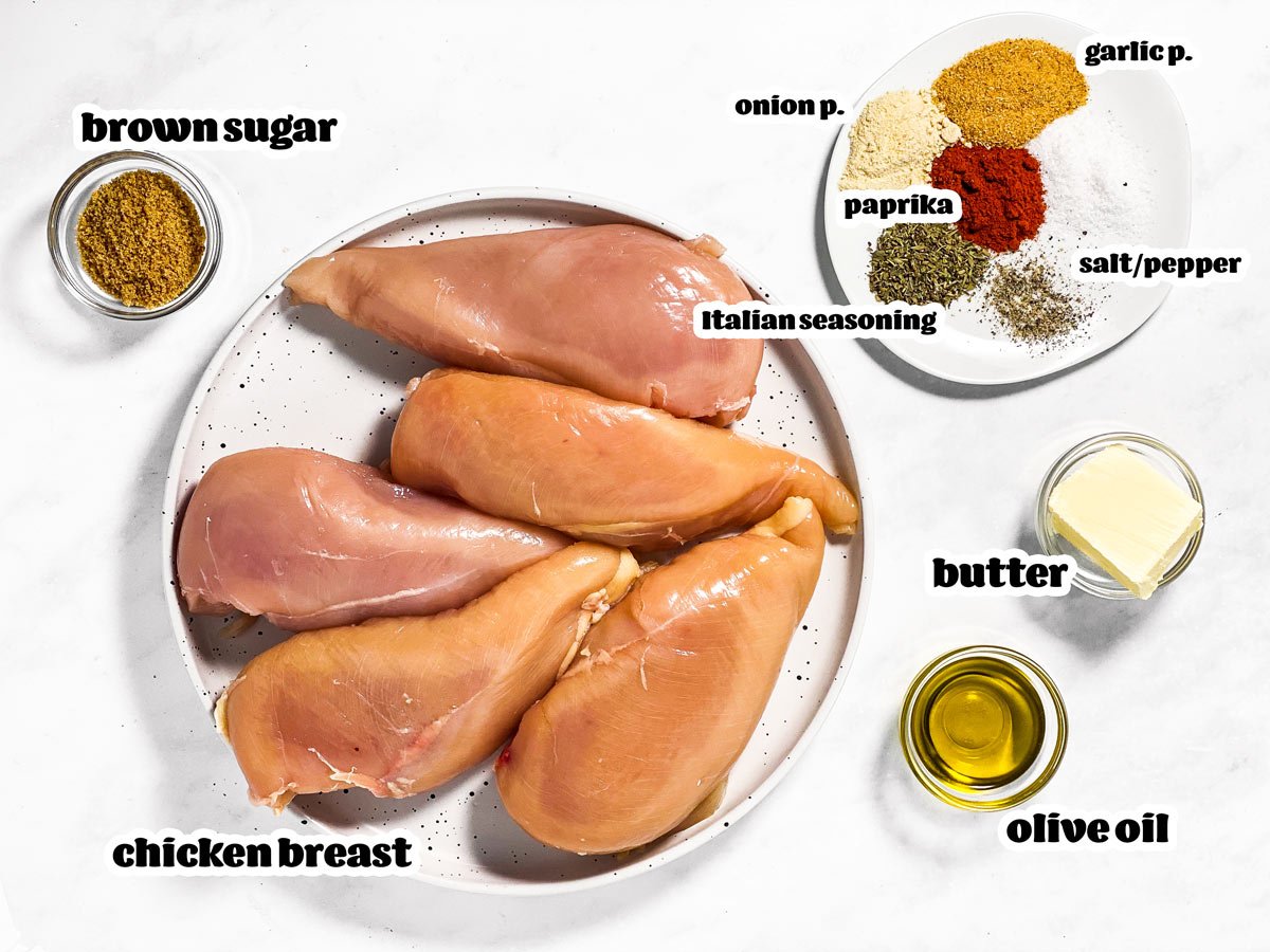 ingredients for baked chicken breast with text labels