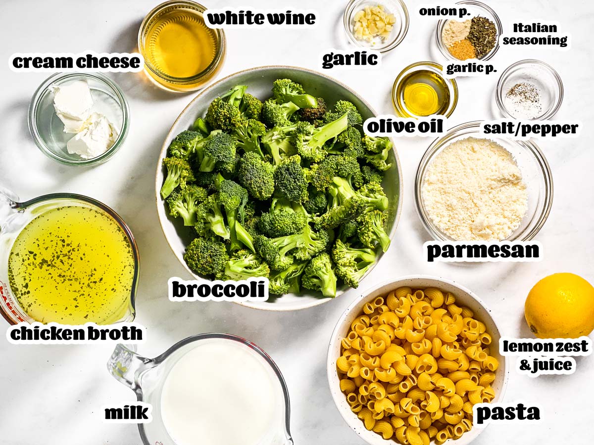 ingredients for broccoli pasta with text labels