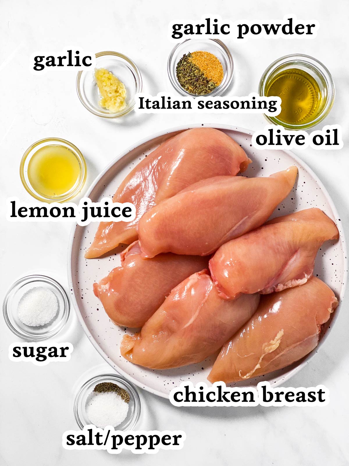 ingredients for grilled chicken breast with text labels