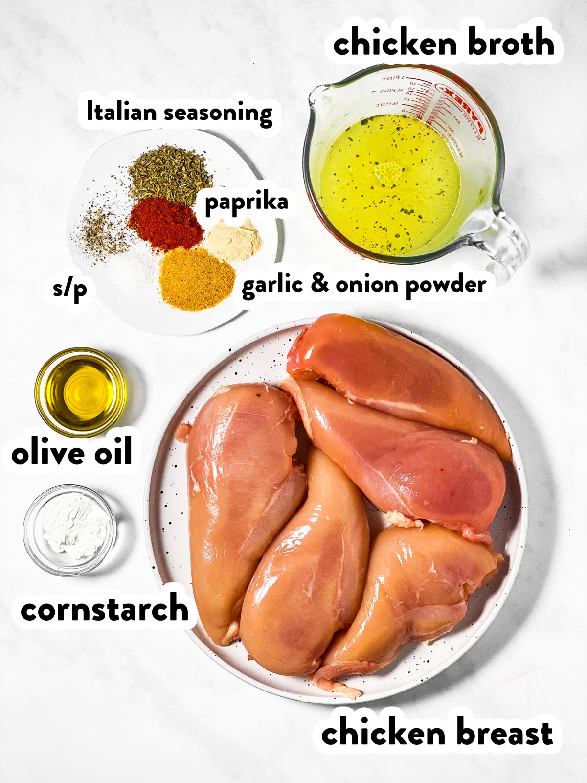 ingredients for instant pot chicken breast with text labels