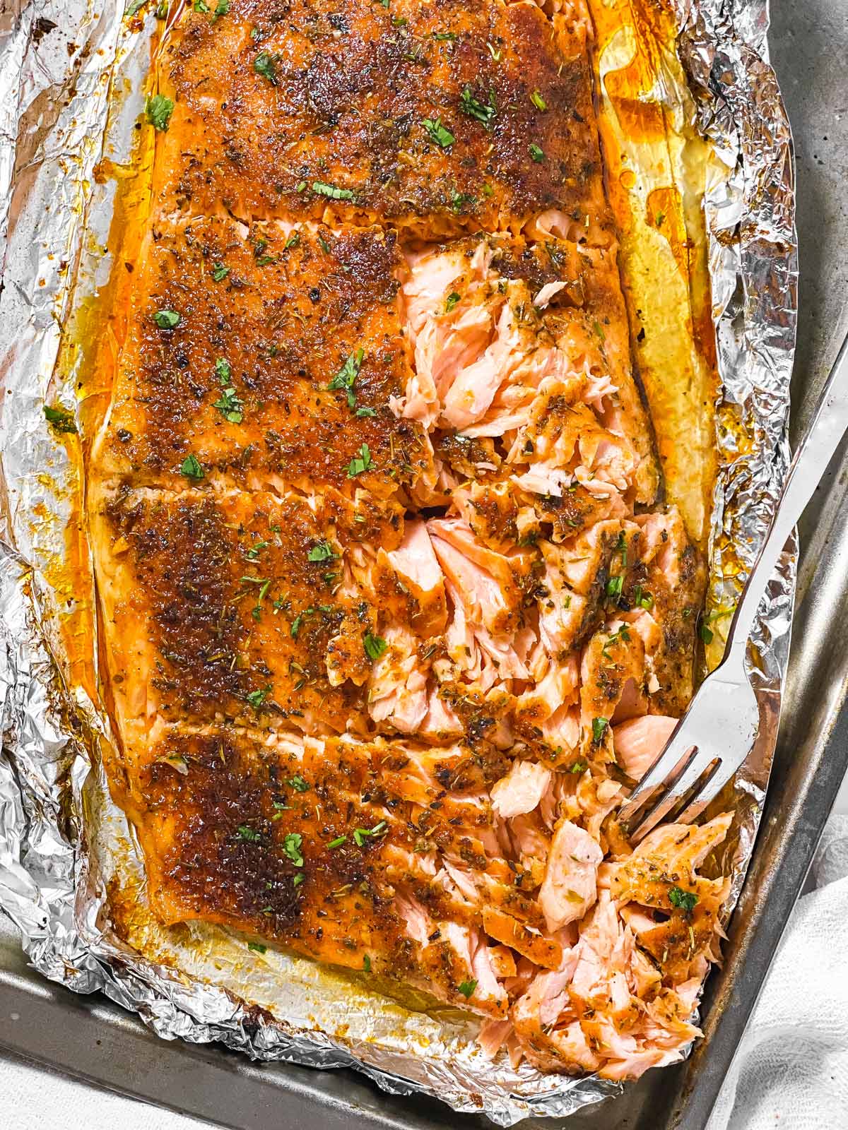 overhead view of flaked salmon