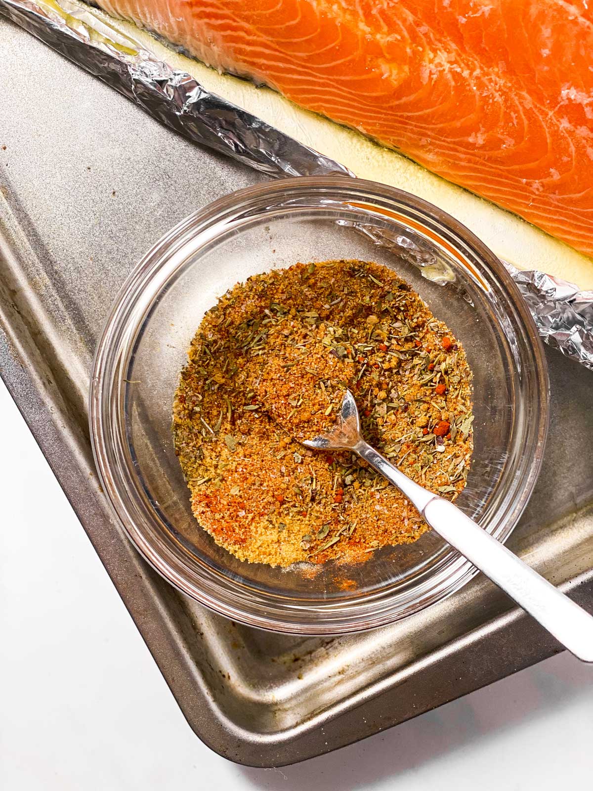 overhead view of seasoning mix in small glass bowl