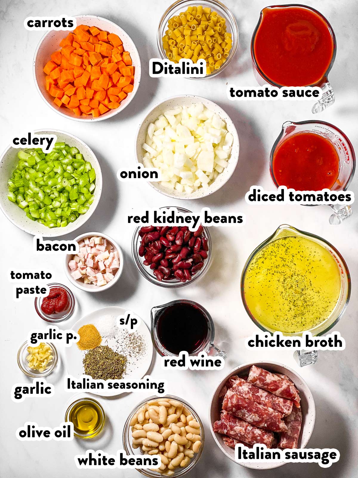 ingredients for pasta fagioli soup with text labels
