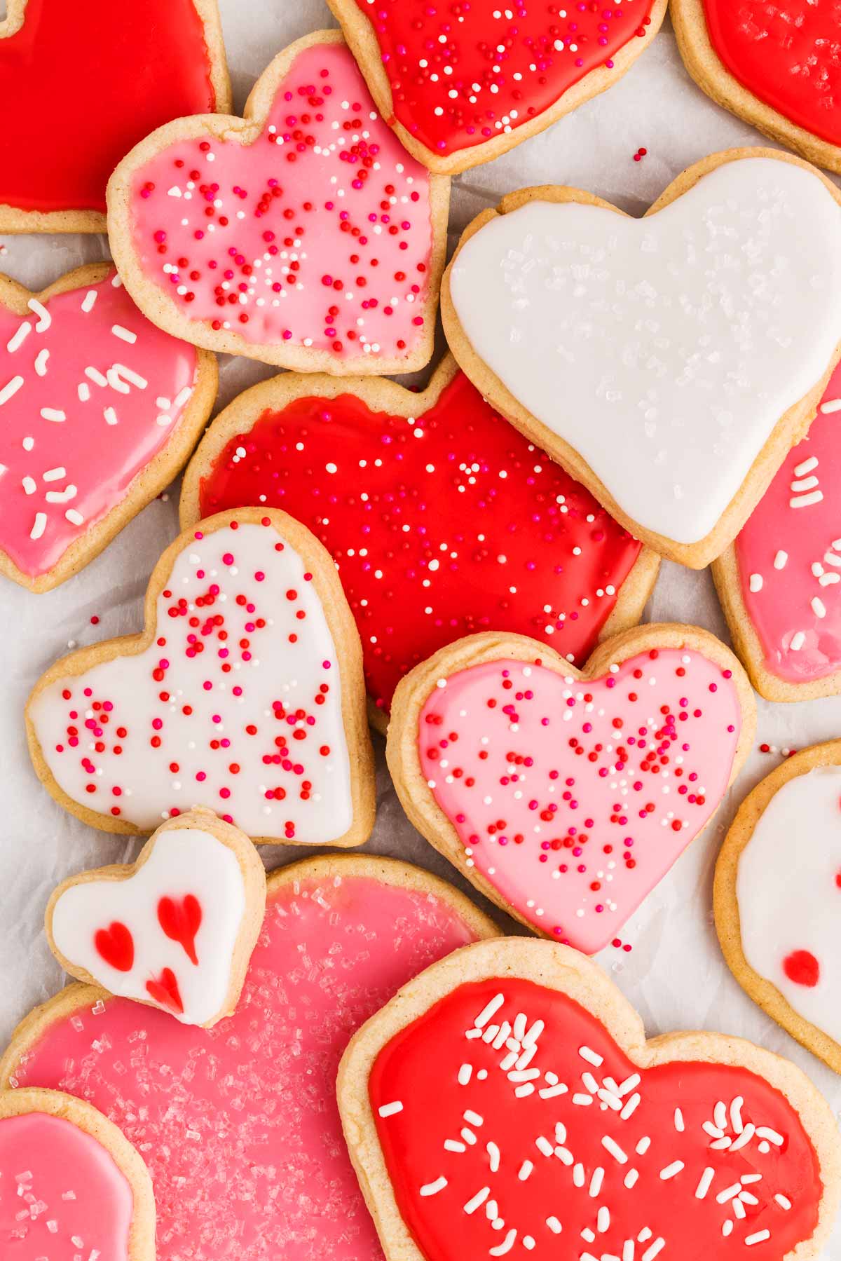 Piled heart sugar cookies for Valentine's Day.