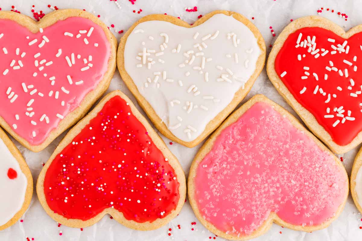Iced heart shaped sugar cookies.