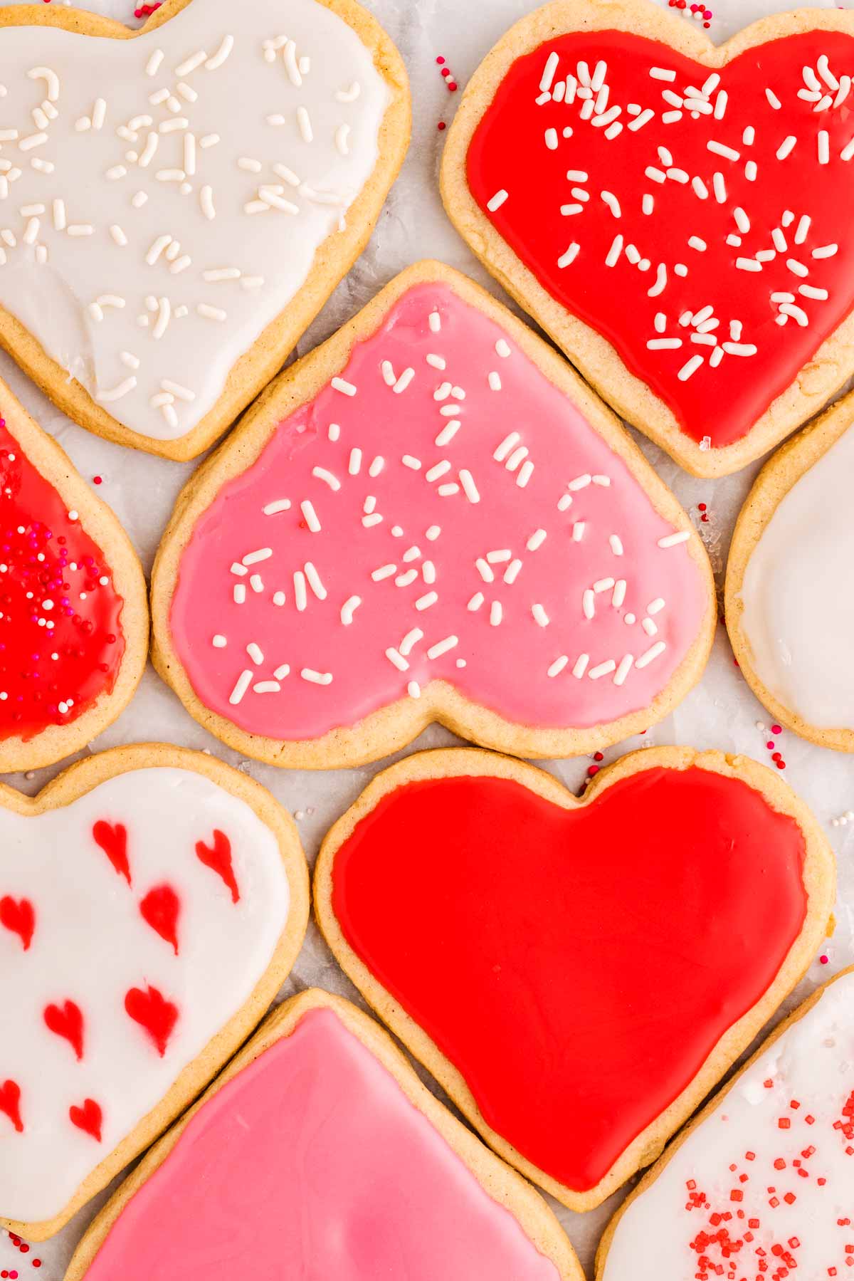 Iced heart shaped sugar cookies.