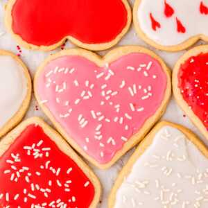 Iced heart shaped sugar cookies.