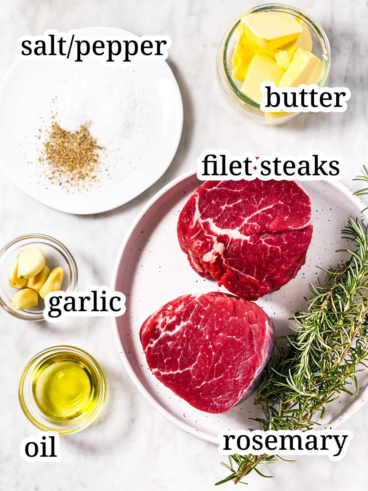 ingredients for filet mignon with text labels