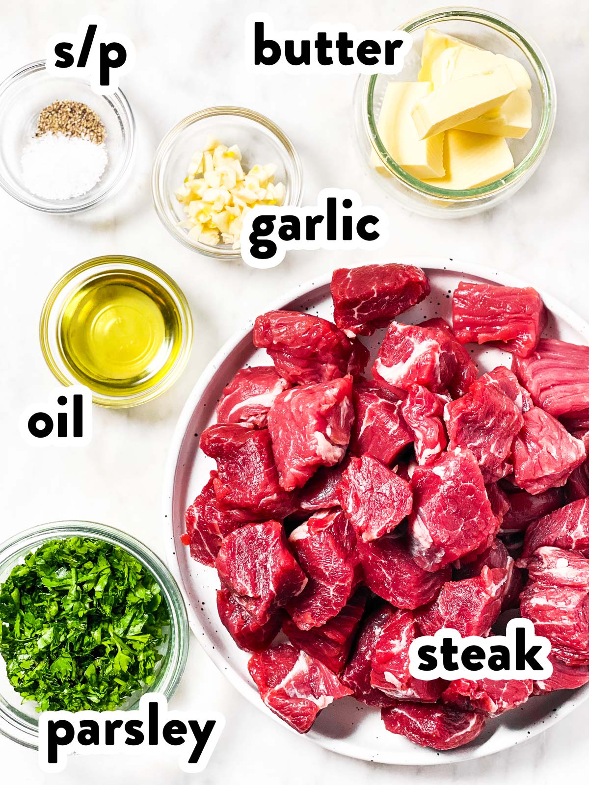 ingredients for steak bites with text labels