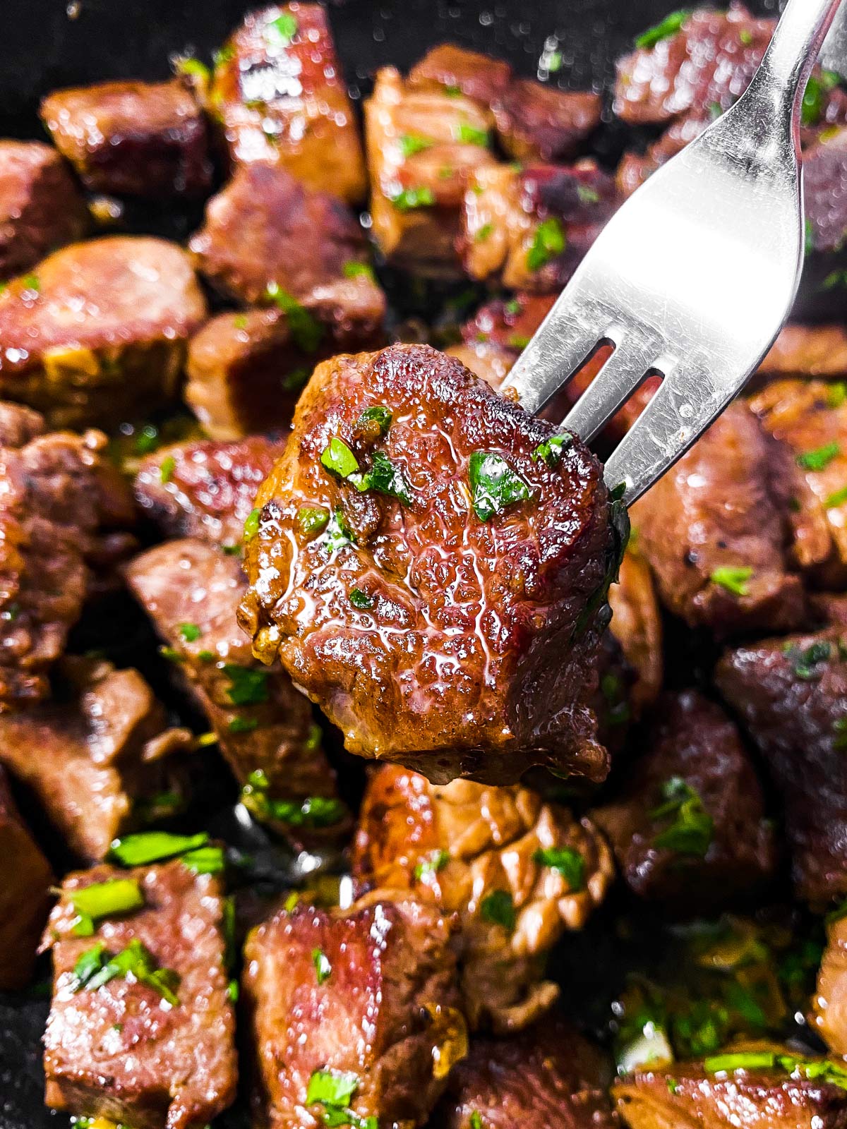 steak bite on fork