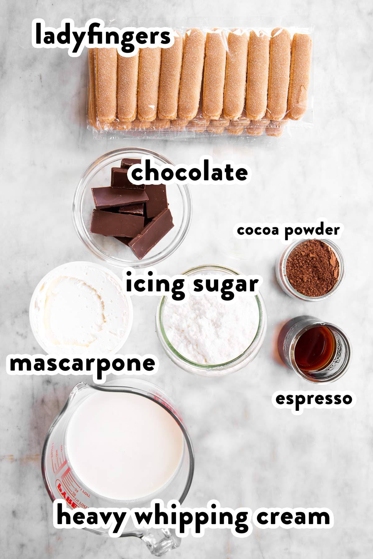 ingredients for tiramisu chocolate mousse with text labels