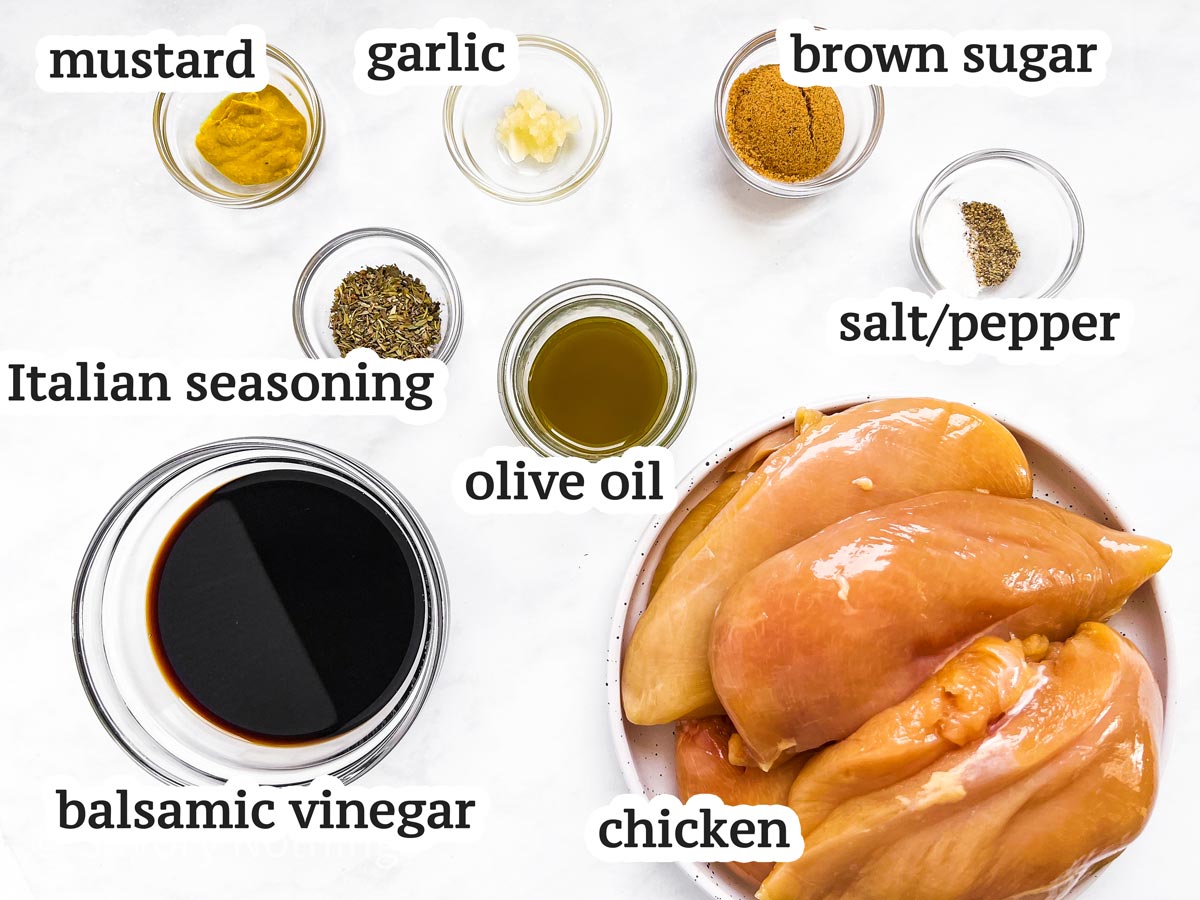 ingredients for balsamic chicken marinade with text labels