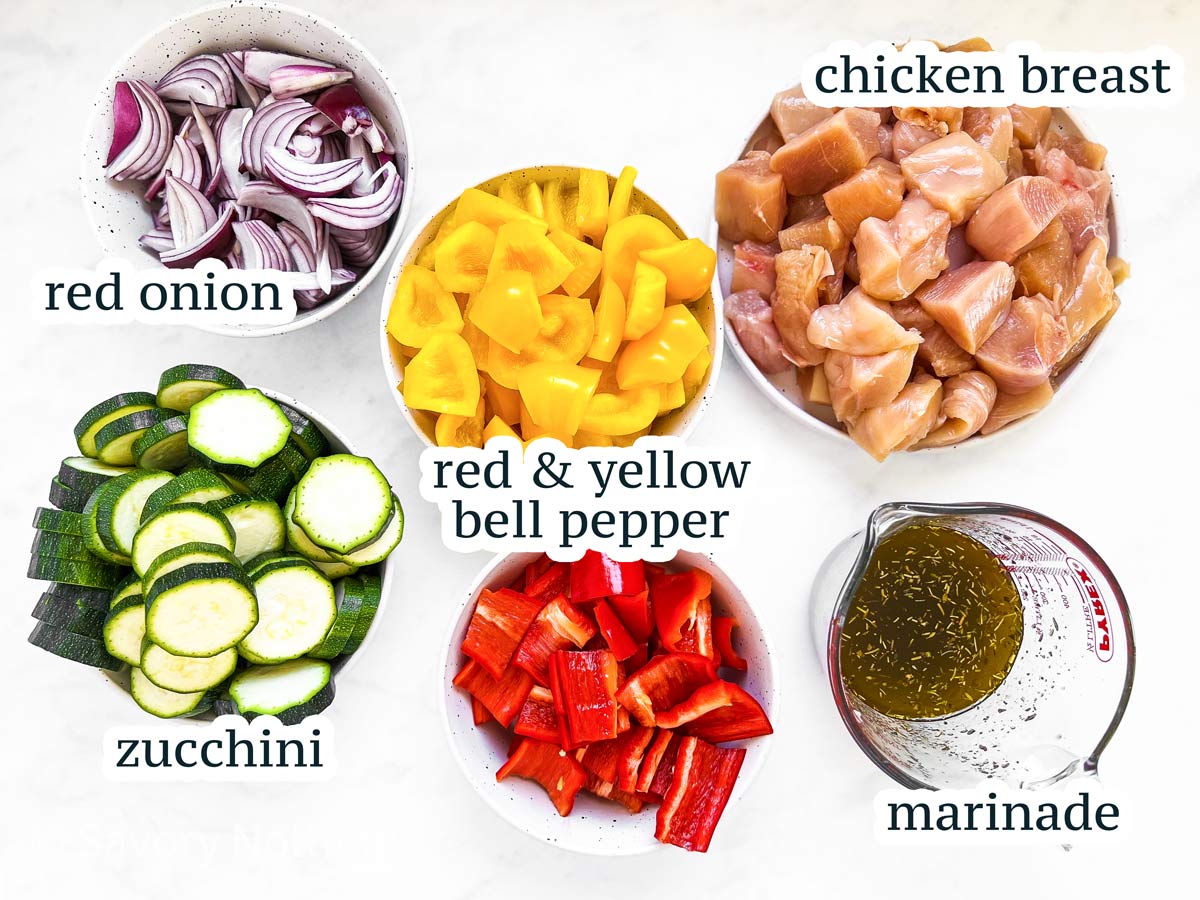 ingredients for Greek chicken kabobs with text labels