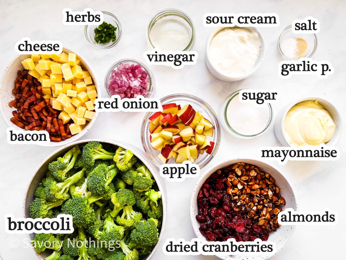 ingredients for broccoli salad with text labels