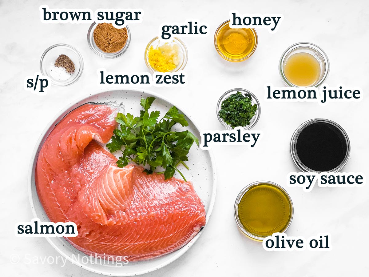 ingredients for salmon marinade with text labels