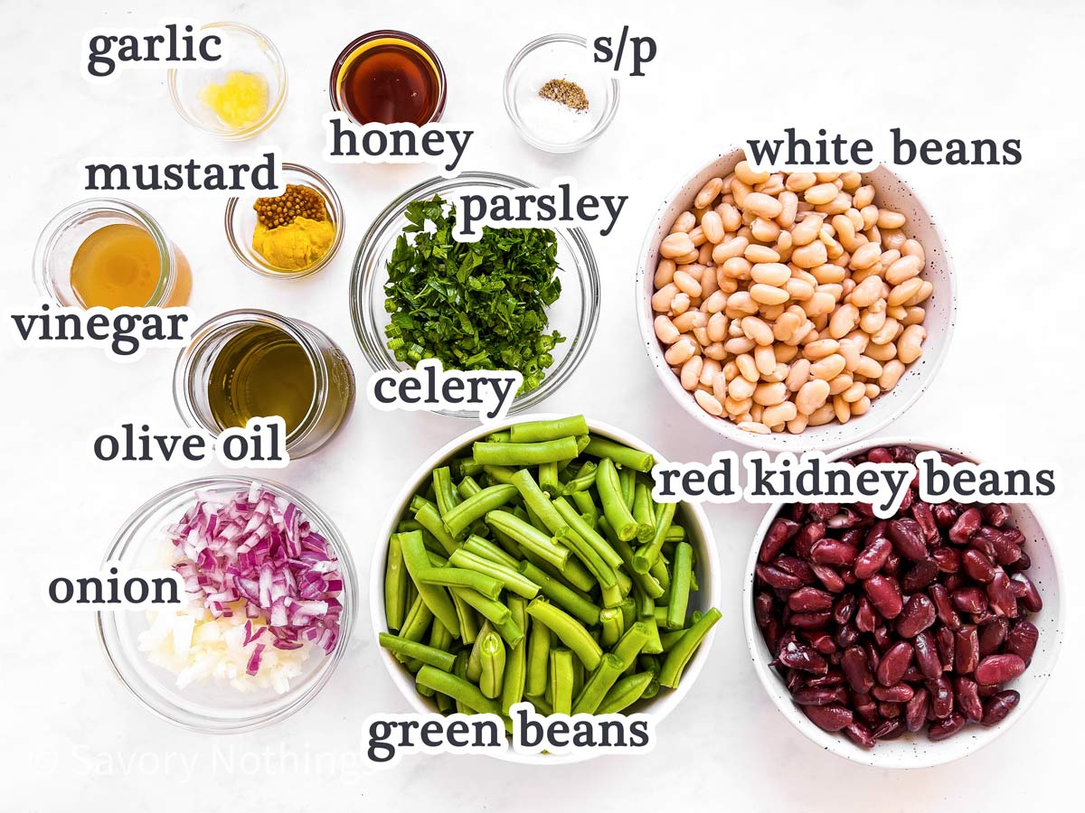 ingredients for three bean salad with text labels