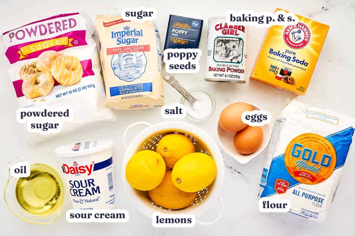 Lemon Poppy Seed Muffins recipe ingredients with text labels.