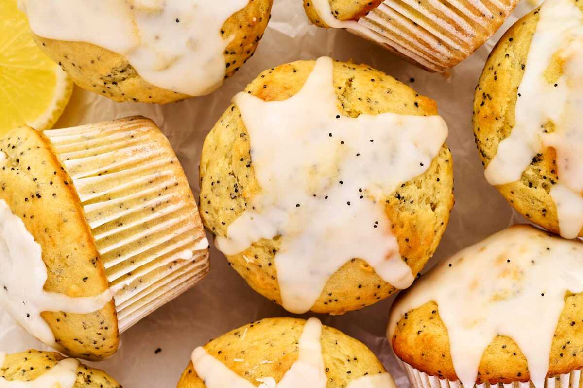 Overhead view of glazed lemon poppy seed muffin.