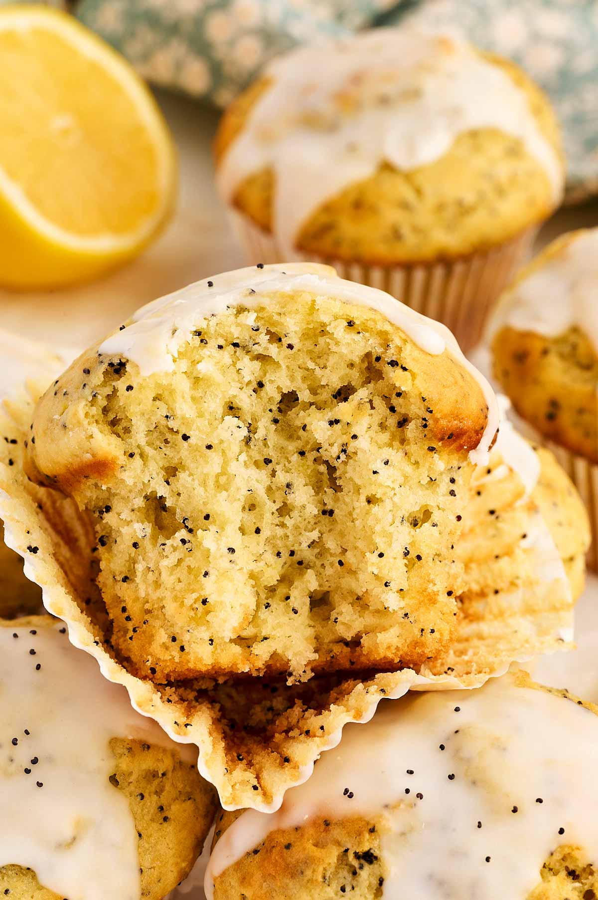 Lemon Poppy Seed Muffin with a bite taken out.