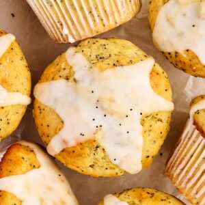 Overhead view of glazed lemon poppy seed muffin.