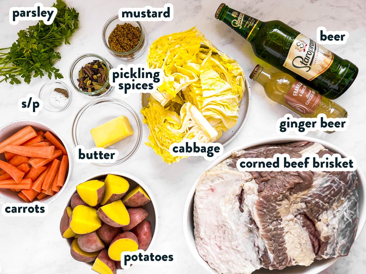 ingredients for corned beef and cabbage with text labels